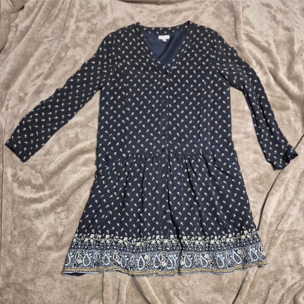 Garnet Hill Navy Blue Floral Paisley Border Print Button Front Shirt Dress 8